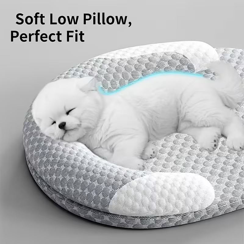 Summer Cooling Cat & Dog Bed – Breathable Round Pet Mat with Raised Neck Pillow, Non-Slip Base & Machine Washable
