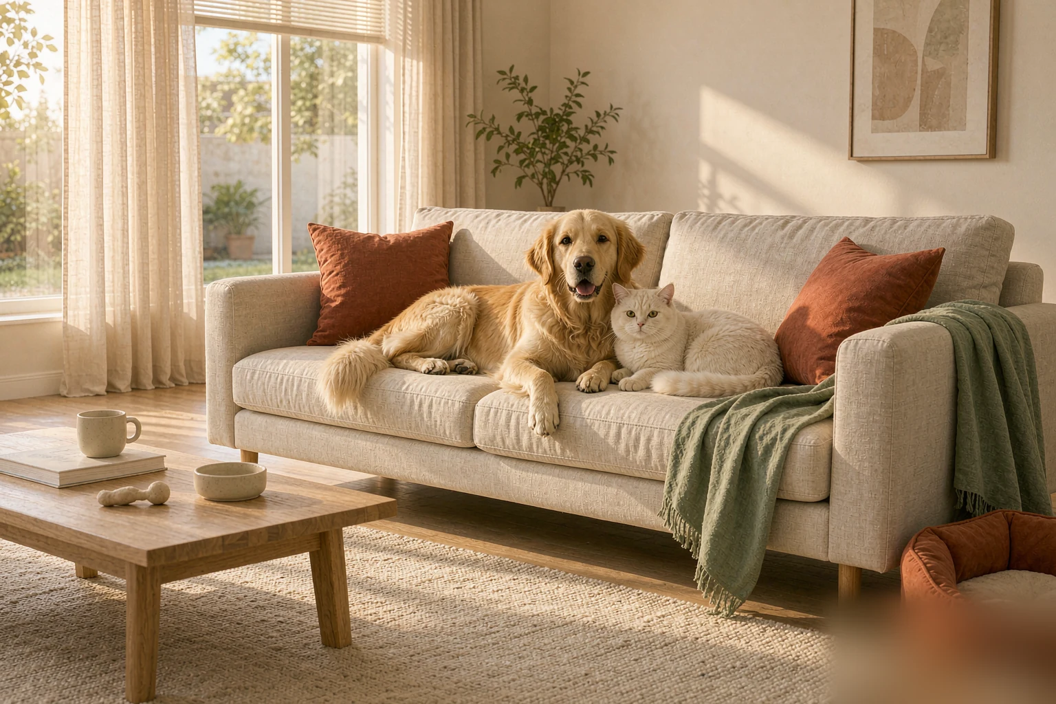 A happy dog and cat resting together at home